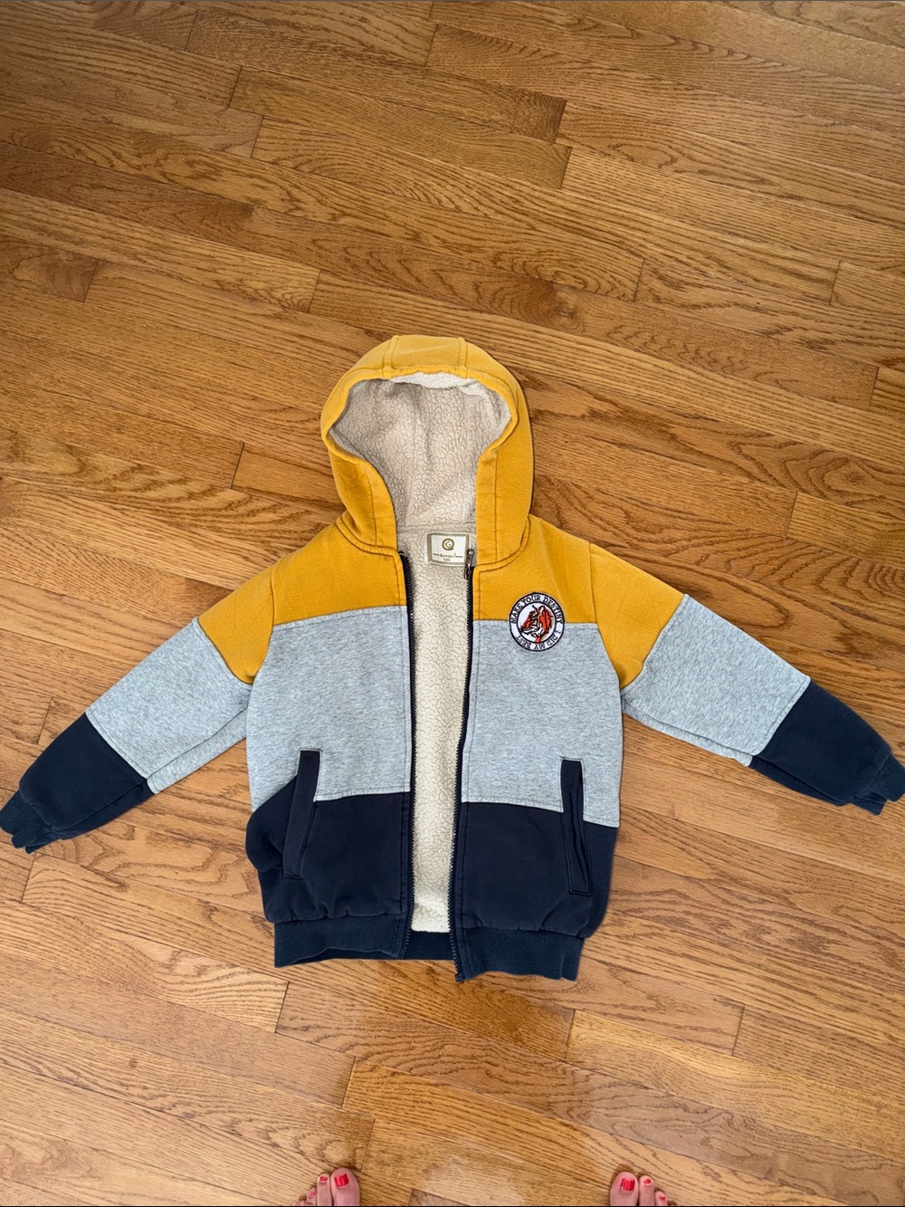 Sherpa-Lined Colorblock Kids Hoodie Jacket - Yellow/Grey/navy